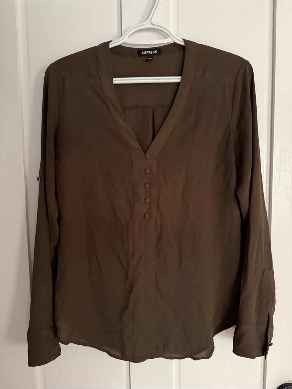 Express Olive-Toned Brown V-Neck Button Blouse